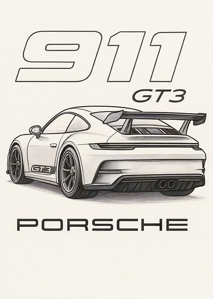 Porsche 911 GT3 Pencil Sketch Poster