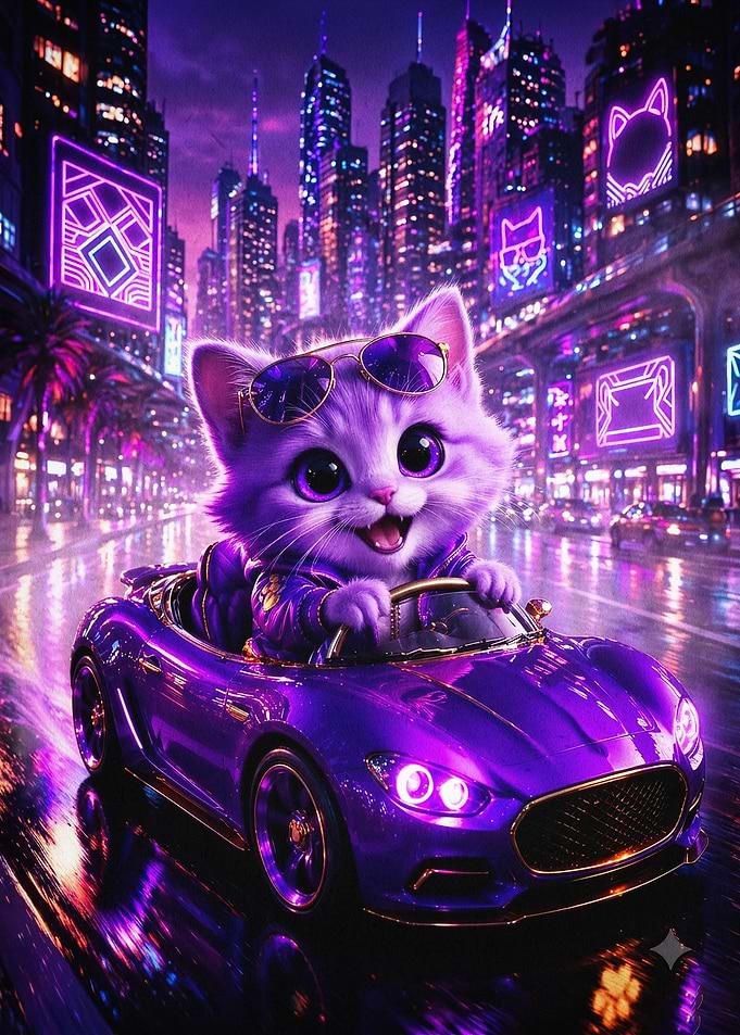 Cyberpunk Cat Driving Neon Art