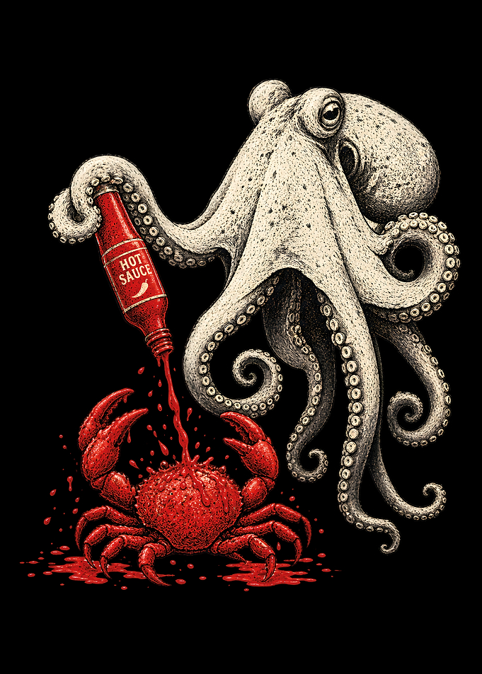 Octopus Pouring Hot Sauce on Crab