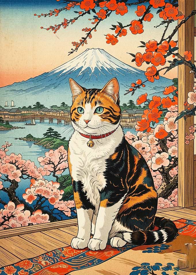 Japanese Cat Mount Fuji Ukiyo-e Art