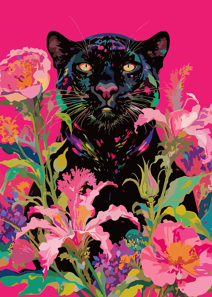 Black Panther Amidst Vibrant Floral Bloom