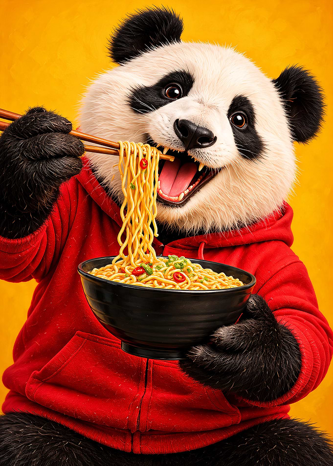 Panda Eating Noodles in Red Hoodie