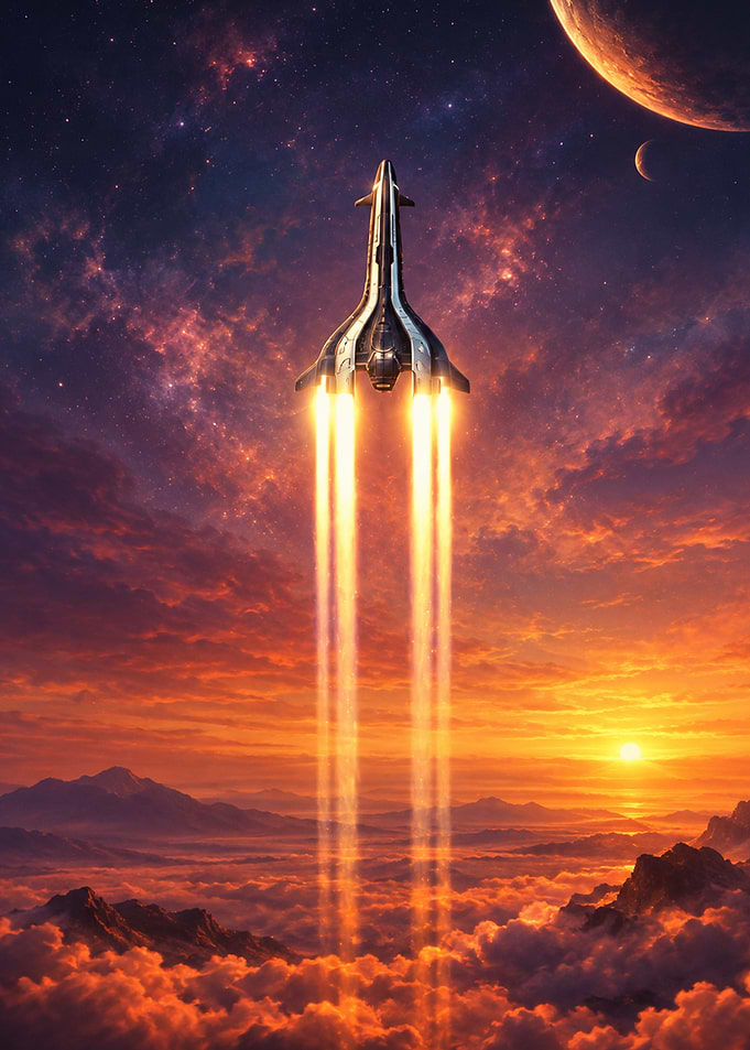 Spaceship Launching Into Sunset Sky