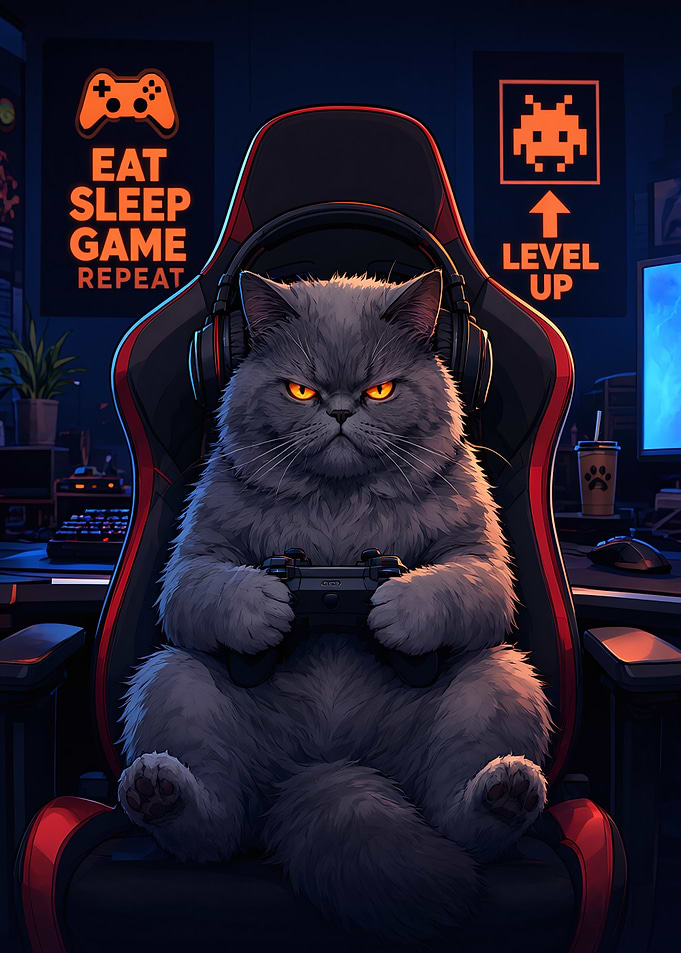 Grumpy Gamer Cat in Gaming Chair