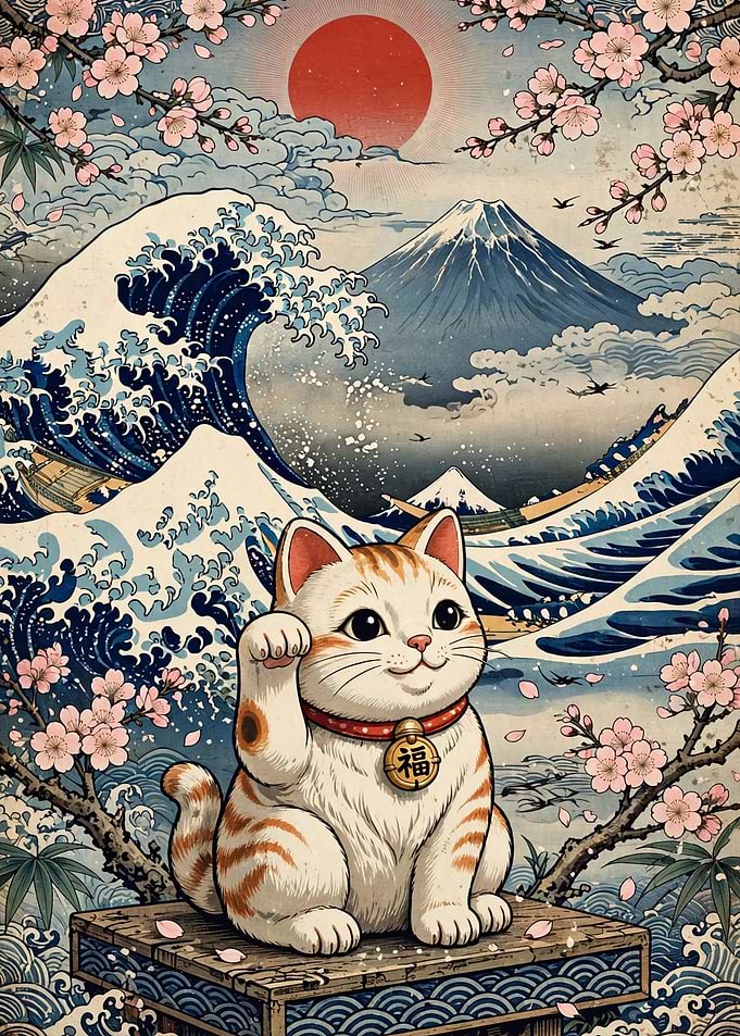 Lucky Cat with Great Wave Art