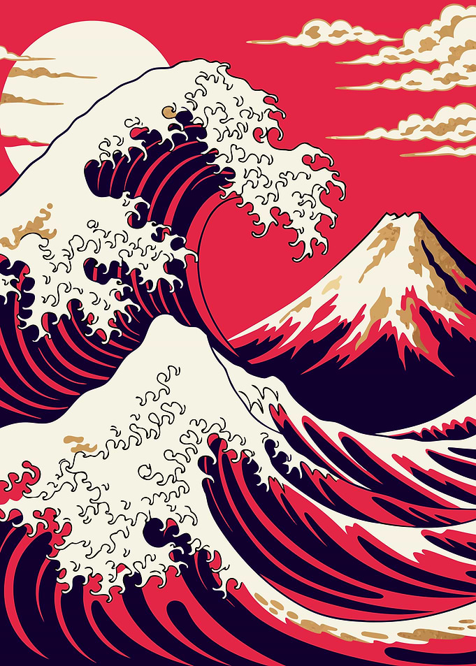 Japanese Fuji and Wave Ukiyo-e Metal Poster, No Text
