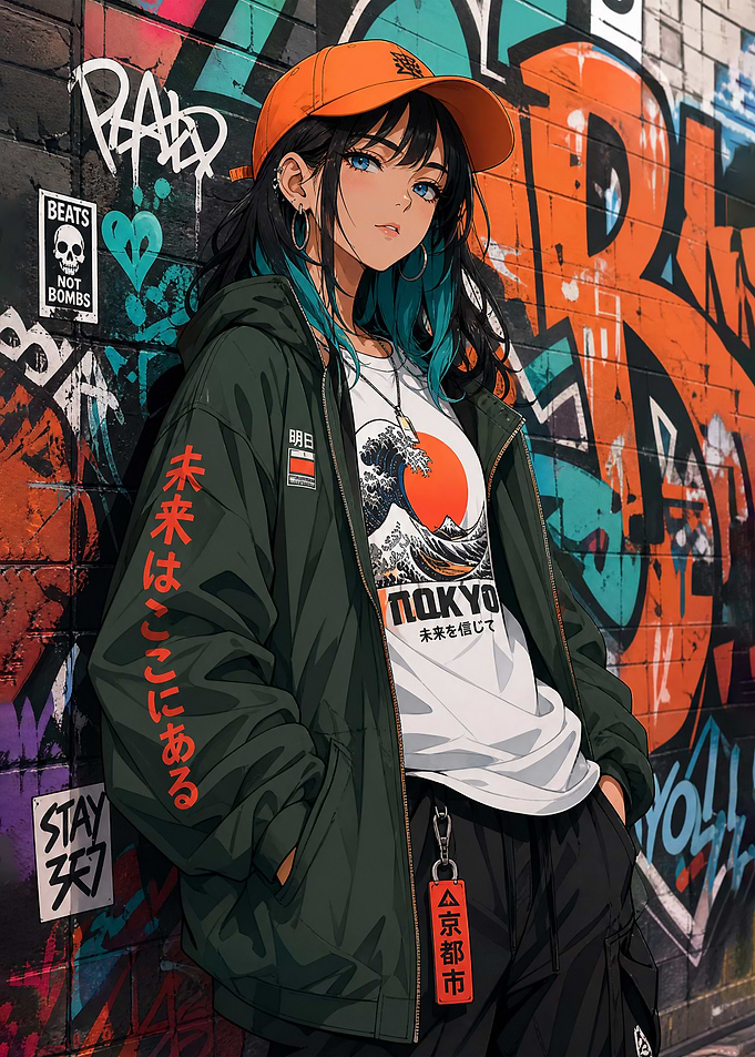Anime Girl in Streetwear Graffiti Alley