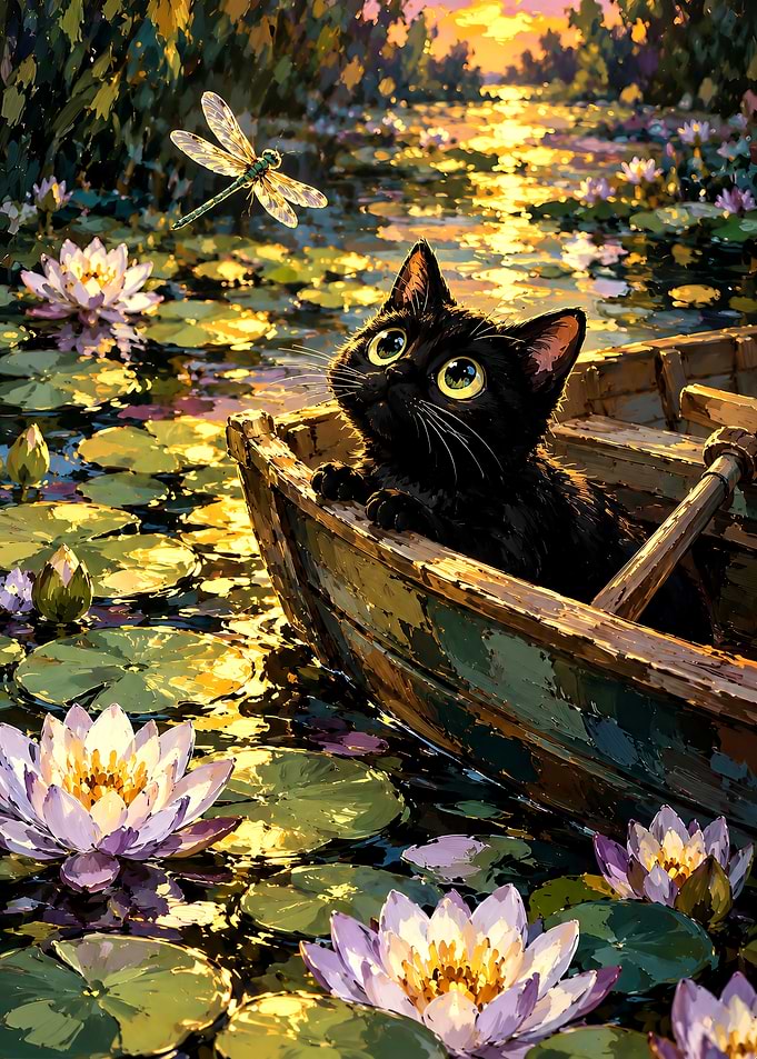 Black Kitten in Boat with Dragonfly