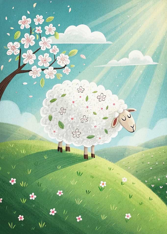 Cute Sheep Spring Meadow Art