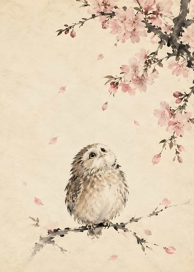 Cute Owl Under Cherry Blossoms