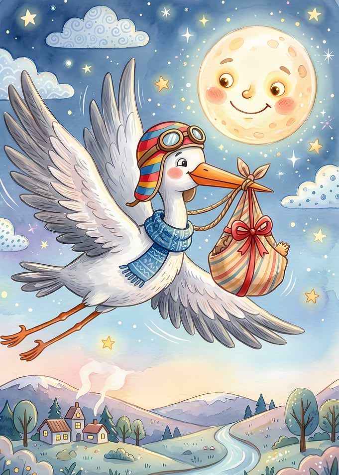 Stork Delivering Baby Under Moonlit Sky