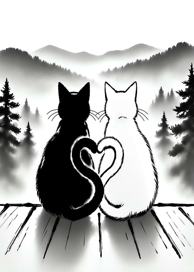 Black and White Cats Heart Tails