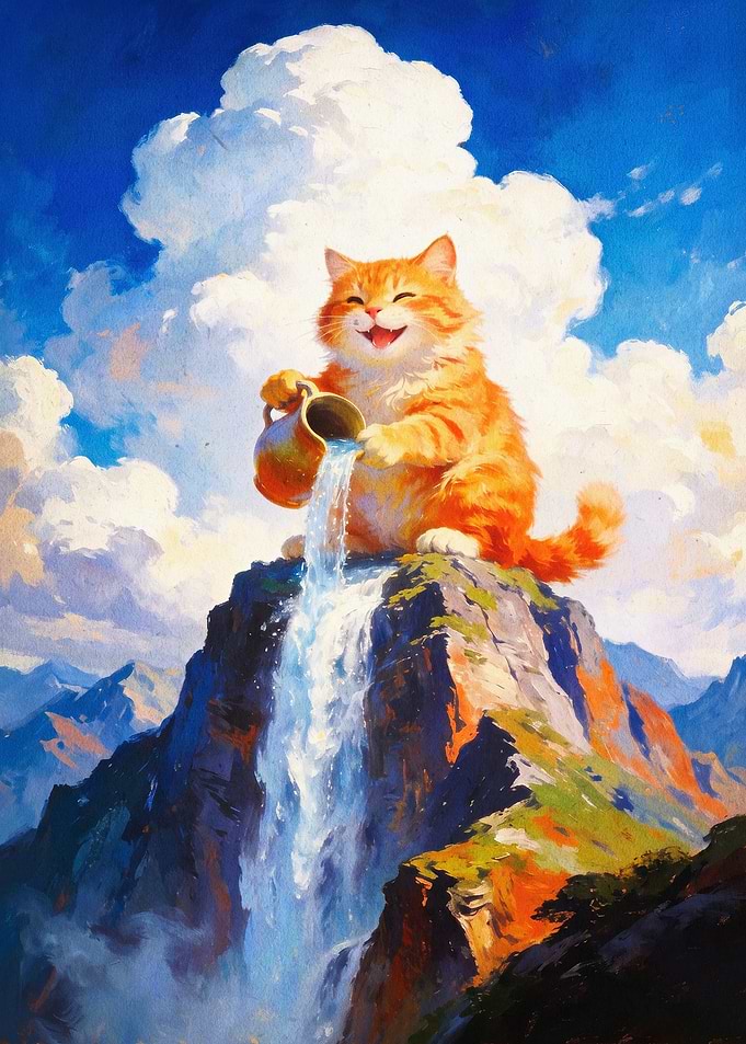 Happy Cat Mountain Waterfall Art