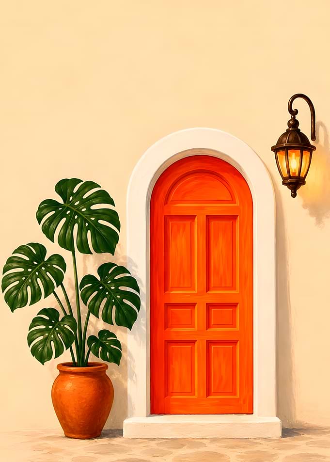 Vibrant Orange Door with Monstera Plant