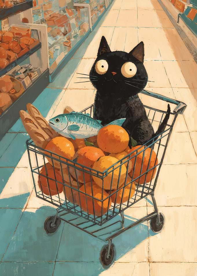 Funny Black Cat In Supermarket Shopping Cart