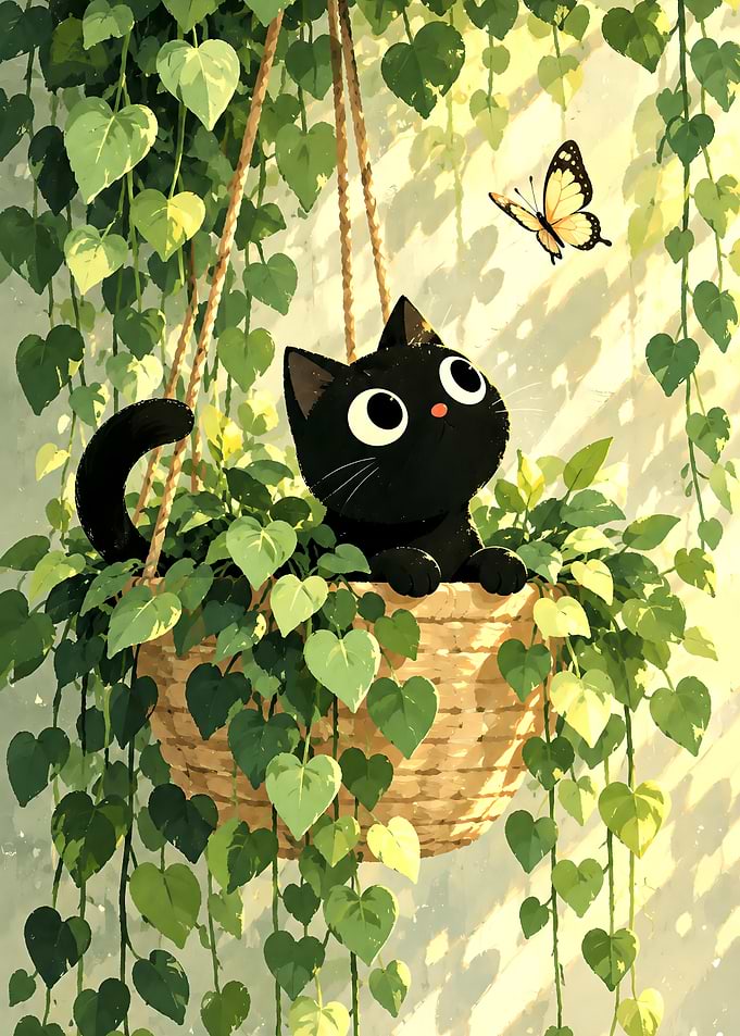 Black Cat in Hanging Plant