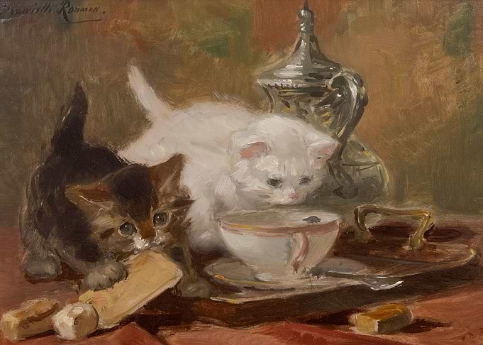 Two Kittens Playing with Tea Set