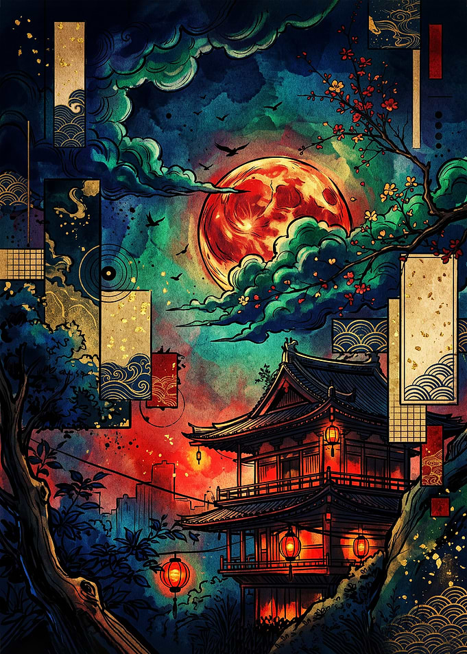 Traditional Japanese Temple Under Red Moon