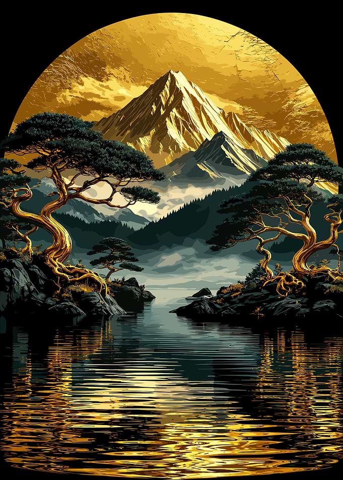 Golden Mountain Landscape with Bonsai Trees