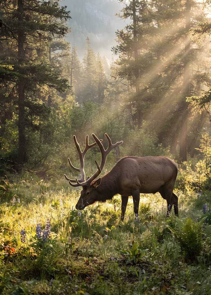Elk Grazing in Sunlit Forest