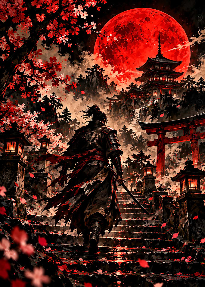 Samurai Ascending to Red Moon