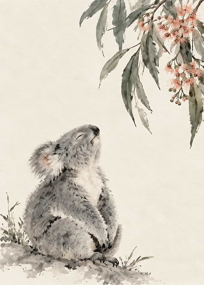 Watercolor Koala Under Eucalyptus Branch