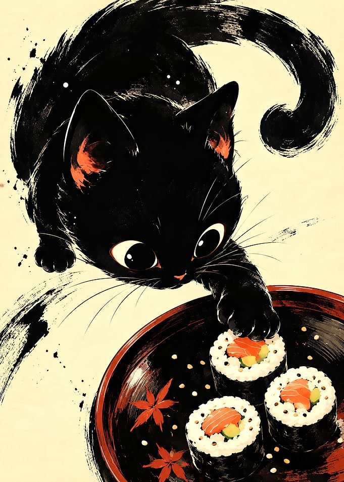 Cute Black Cat Stealing Sushi