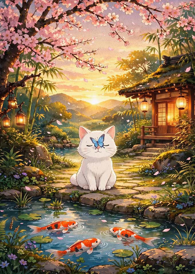 Cute Cat Blossom Garden Art Poster