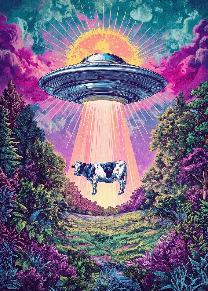 UFO Cow Abduction Trippy Art