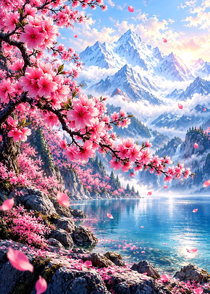 Cherry Blossoms Over Mountain Lake
