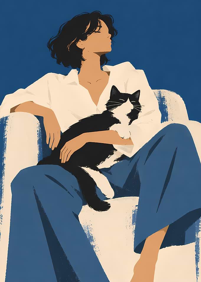 Woman Relaxing with Cat Illustration