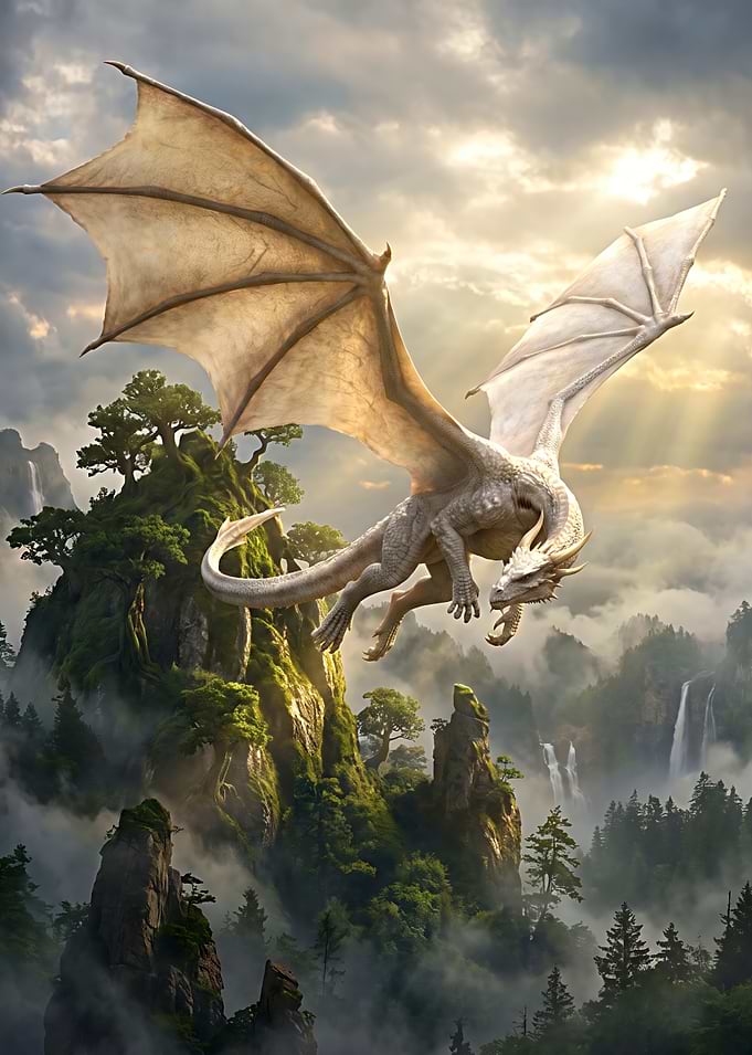 White Dragon Flying Over Misty Mountains