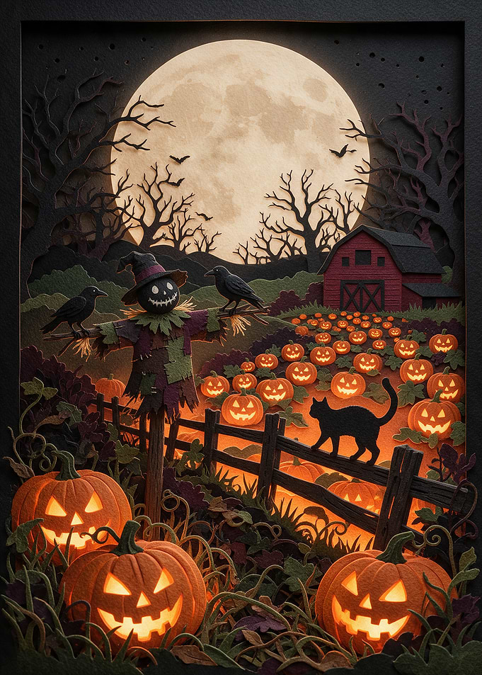 Halloween Scarecrow and Pumpkin Patch Scene