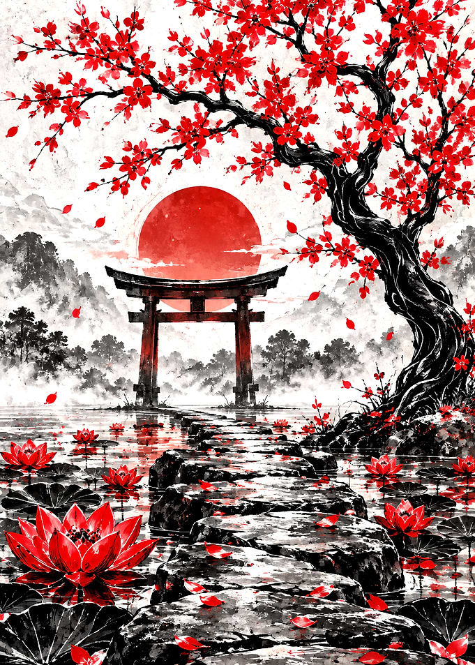 Red Torii Gate and Lotus Pond