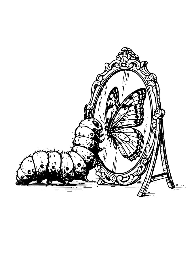 Caterpillar Looking at Butterfly Reflection