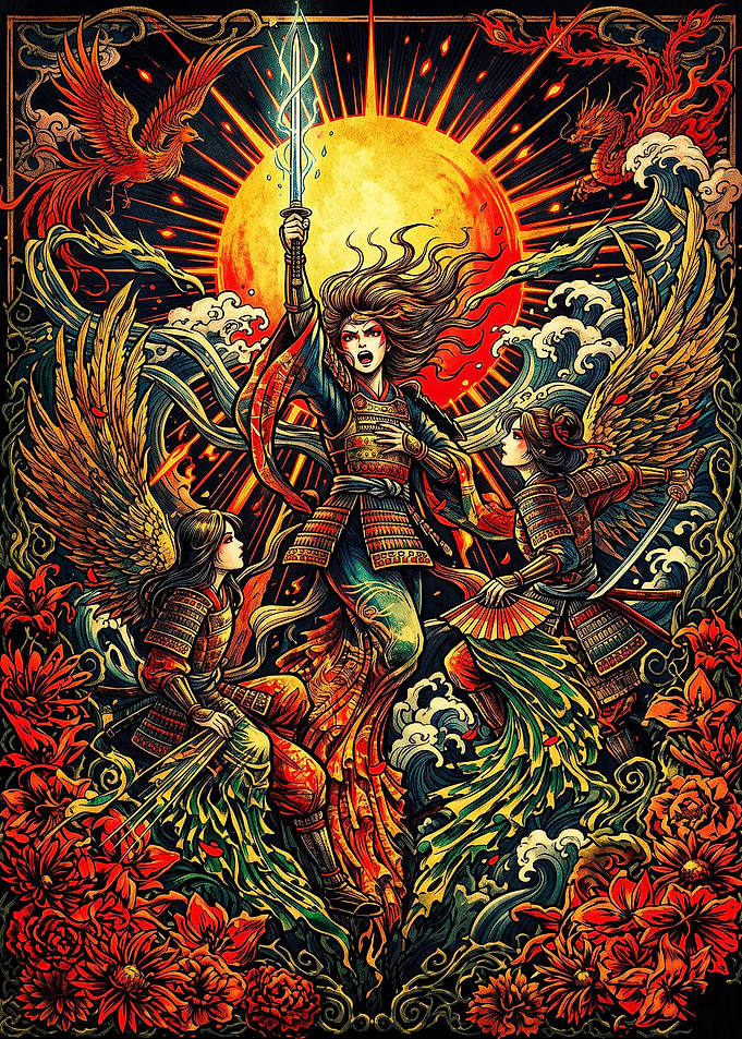 Samurai Warriors with Phoenix and Dragon