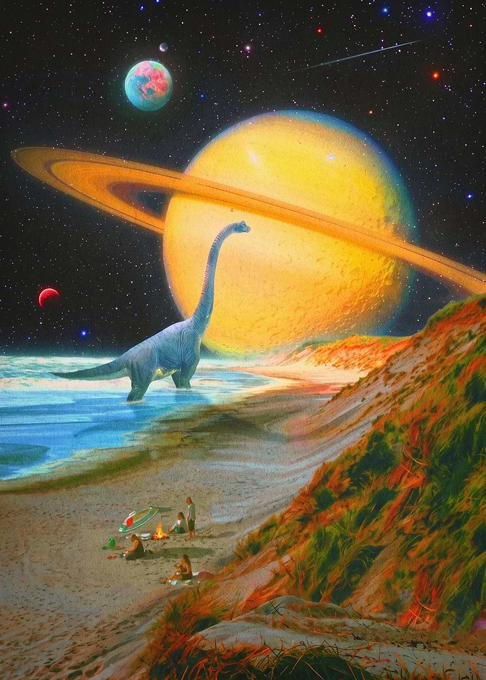 Dinosaur Space Beach Retro Poster