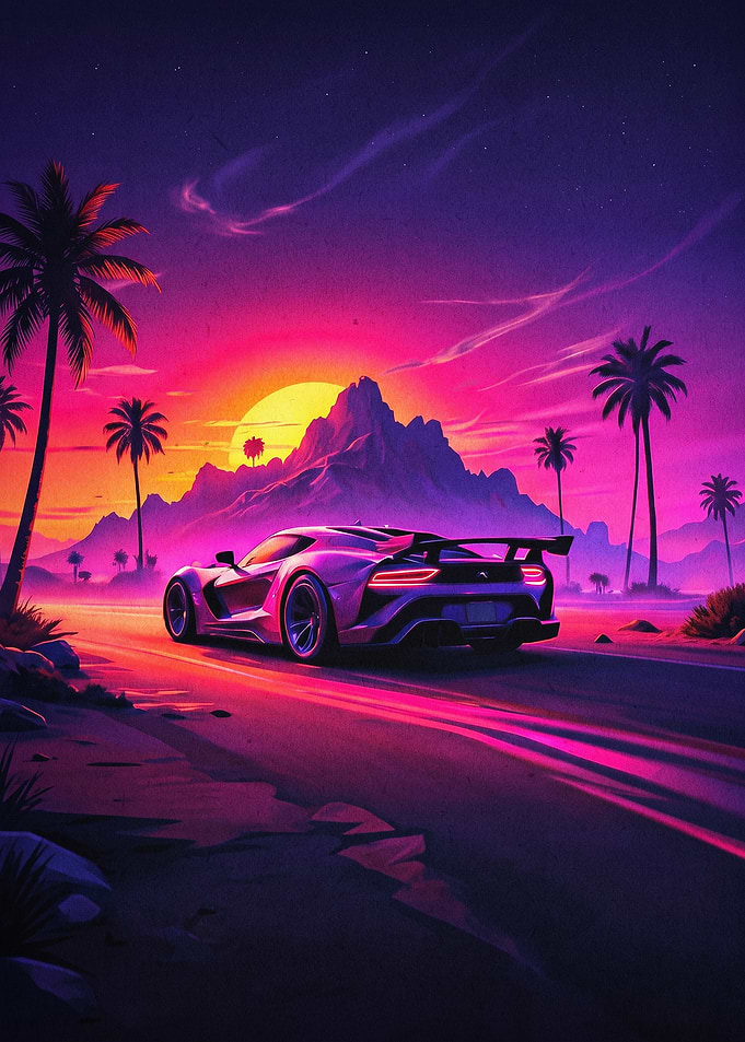 Supercar Sunset Synthwave Art Poste