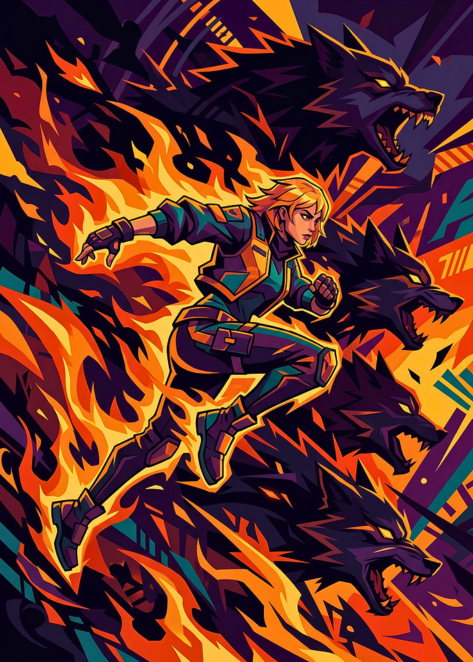 Neon Fire Wolf Warrior Illustration deadlock