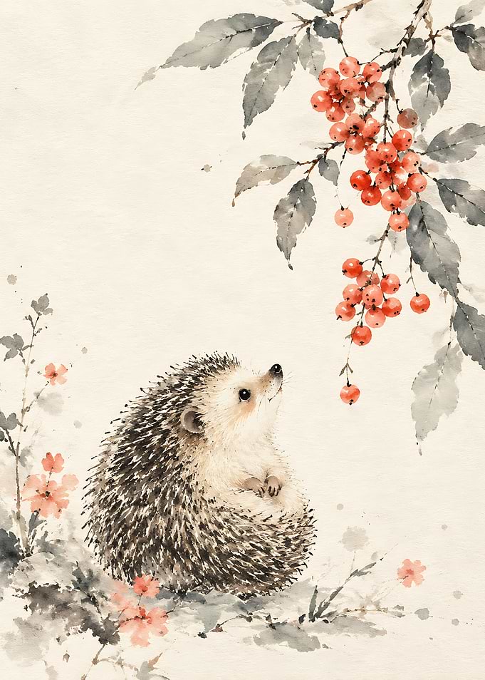 Watercolor Hedgehog Looking at Berries