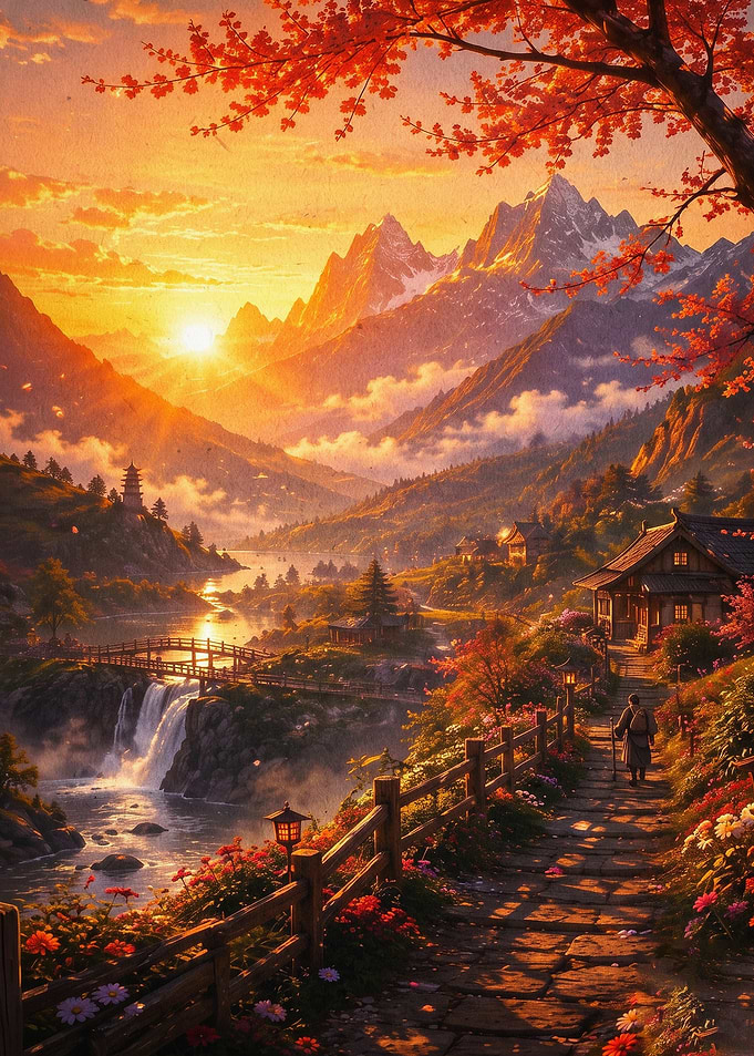 Autumn Mountain Sunset Japanese Art