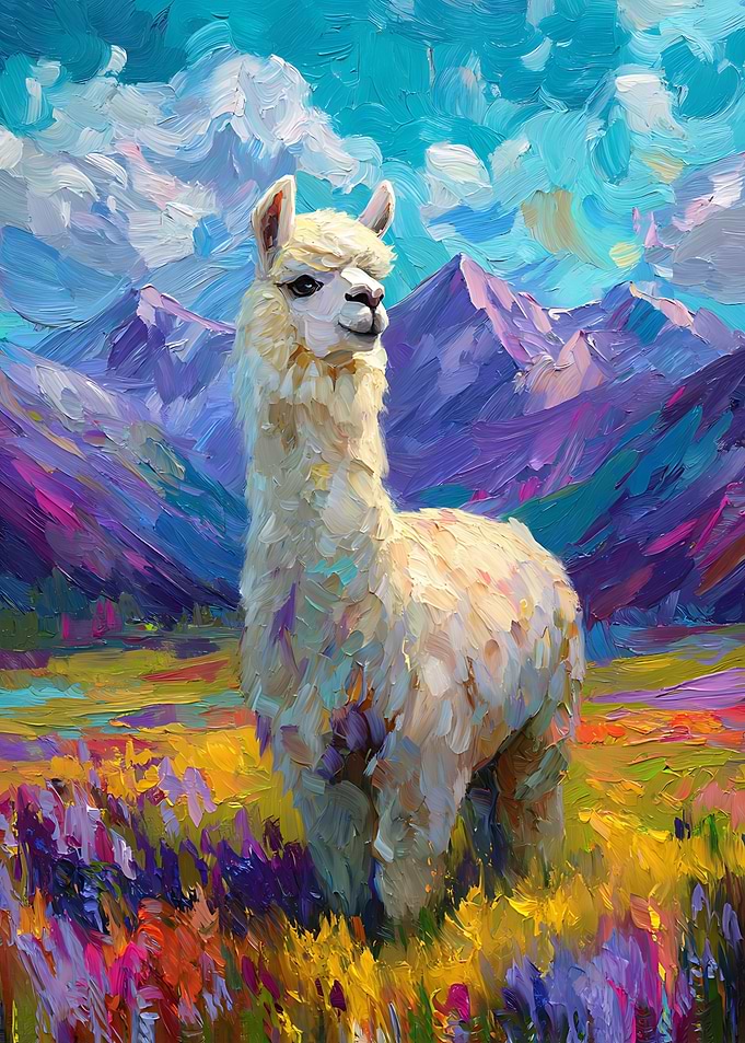 Impressionist Alpaca in Mountain Meadow