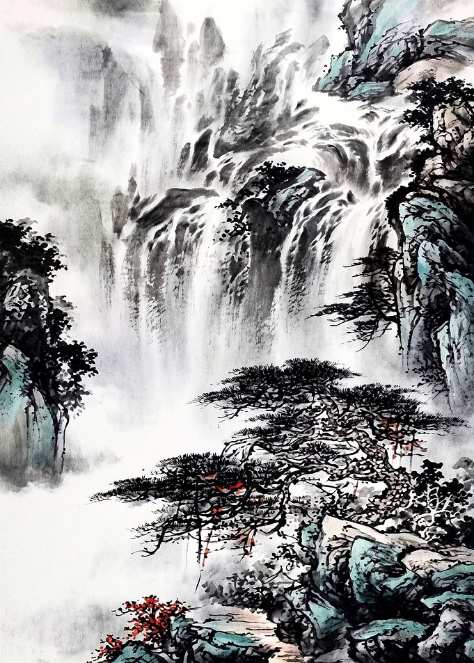 Traditional Chinese Ink Wash Waterfall Landscape