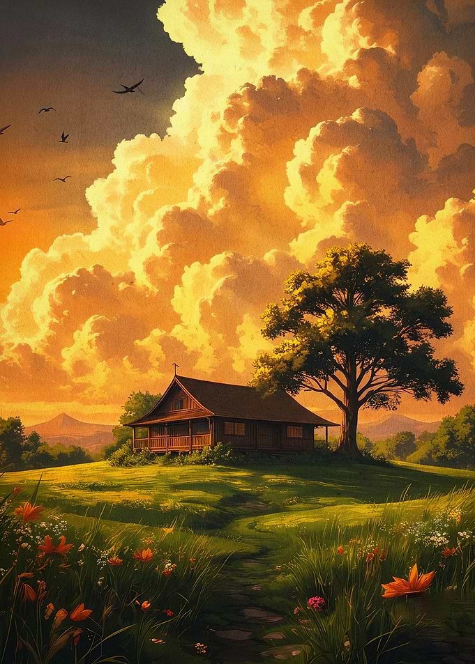 Sunset Cabin Tree Golden Landscape