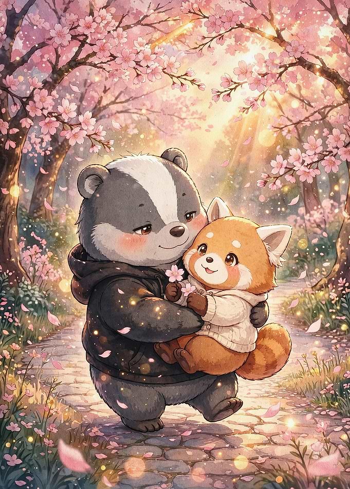 Badger Red Panda Cherry Blossom Art