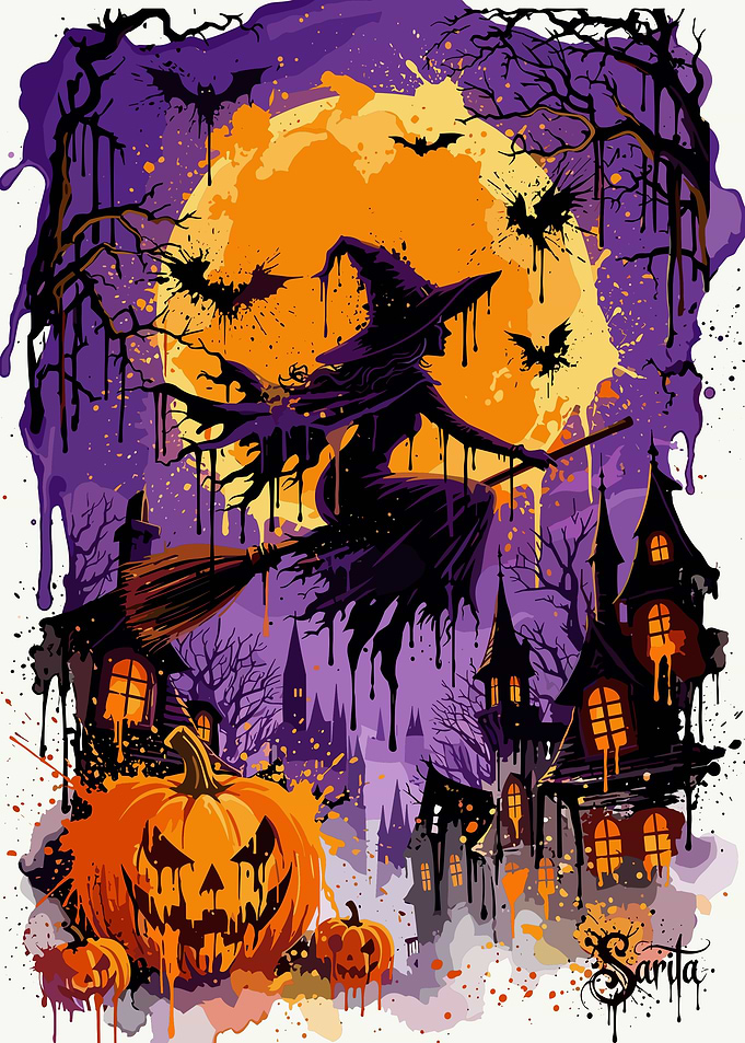 Witch Flying Over Haunted Halloween Town