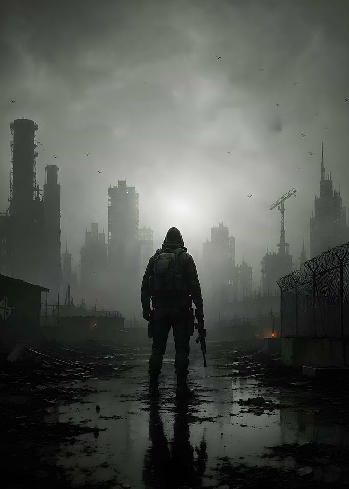 Post-Apocalyptic Soldier in Ruined City