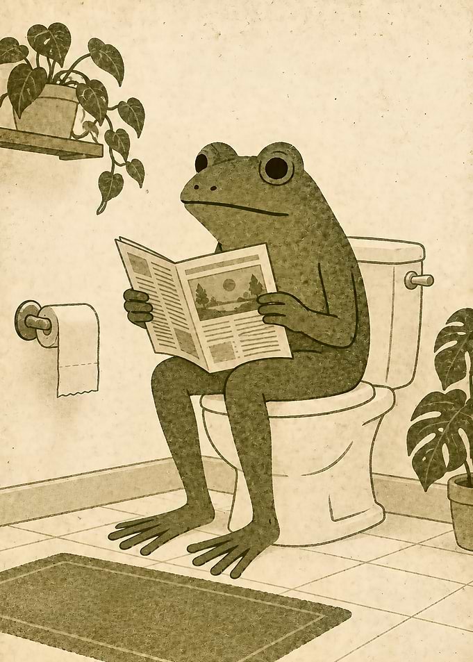 Frog Reading Newspaper on Toilet