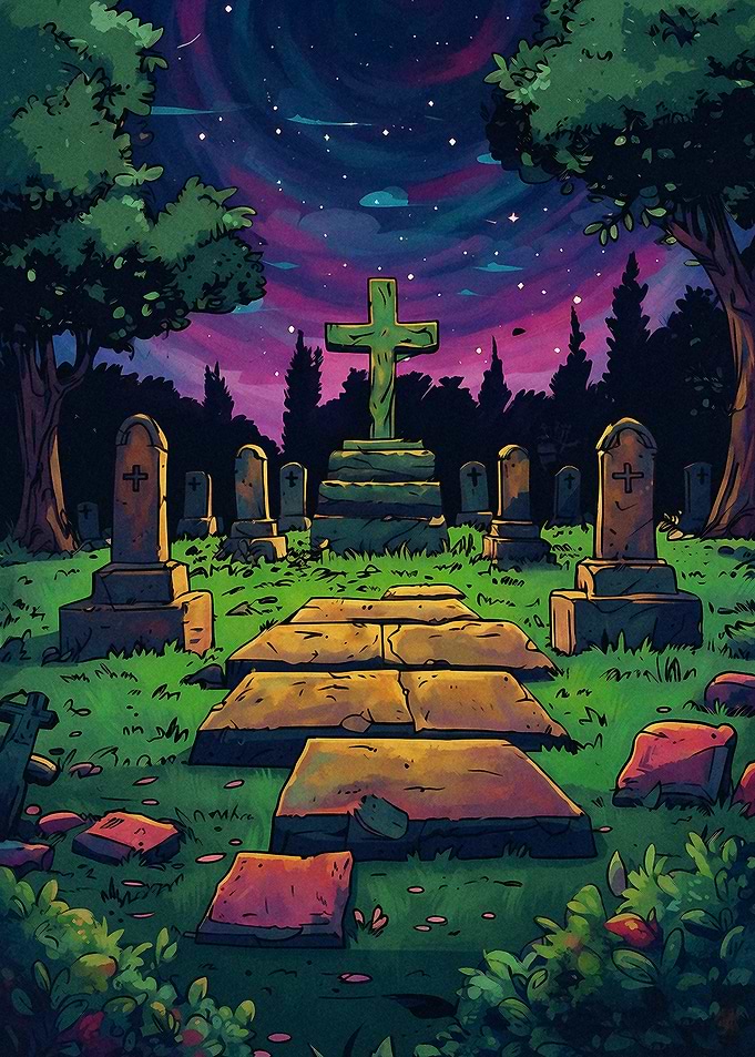 Eerie Graveyard Under Starry Night Sky