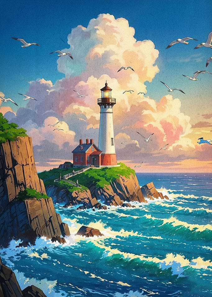 Coastal Lighthouse Sunset Anime Art